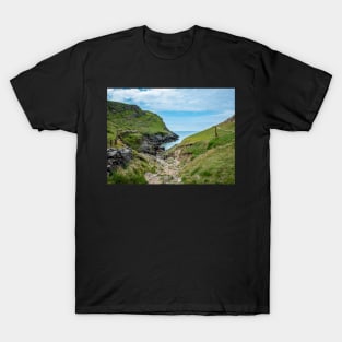 Welsh Coastal Path, Gower, South Wales. The rocky path down to Mewslade Bay at high tide T-Shirt